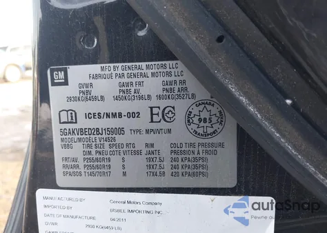 2011 Buick Enclave 1Xl z USA, uszkodzony, nr VIN 5GAKVBED2BJ159005